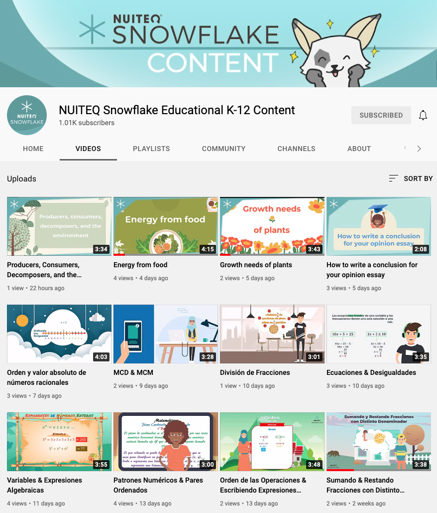 NUITEQ Snowflake educational content k-12 YouTube channel